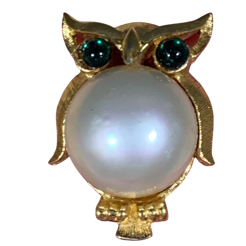 Majorica Owl Brooch Womens OS Gold Tone Faux Pearl Jelly Belly Green Eye Vintage